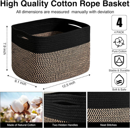 Storage Baskets for Shelves Organizing, Woven Cotton Rope Baskets for Storage, Book Basket, Decorative Shelf Basket, 12.5"Lx9.1''Wx7.9''H (4 Packs) Black & Jute