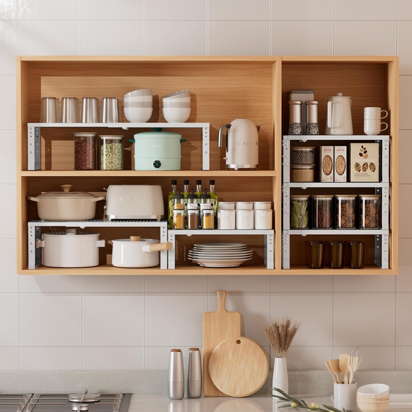 Metal Stackable Expandable Storage Shelf - Multi-Functional Home Storage Shelf, Suitable for Kitchen, Cabinet，Bathroom, Office, Garage, etc.（3PACKS/White/Medium