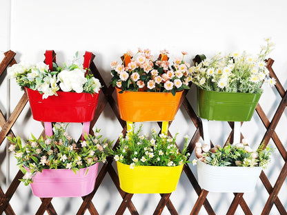 6 Pcs Railing Planter, 10" Metal Hanging Flower Pots for Outdoor Balcony Rails, Fence Pot Hanging Plant Holders with Detachable Hooks for Garden Patio Yard Decor (Multi-Color, 6Pcs)