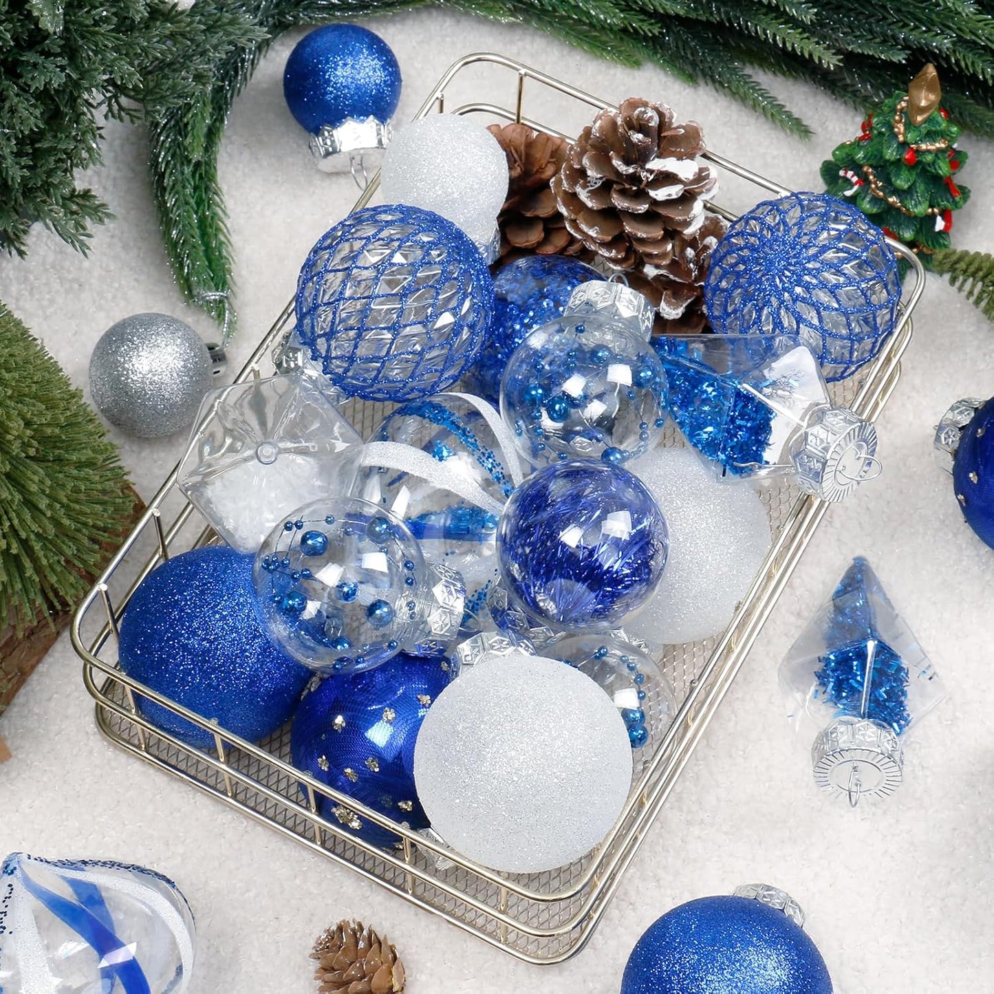 Christmas Ball Ornaments Set, 34PCS Clear Plastic Shatterproof Christmas Ornaments for Xmas Tree Hanging Decorations, for Indoor Home Thanksgiving Winter Party Decor - Blue/White.