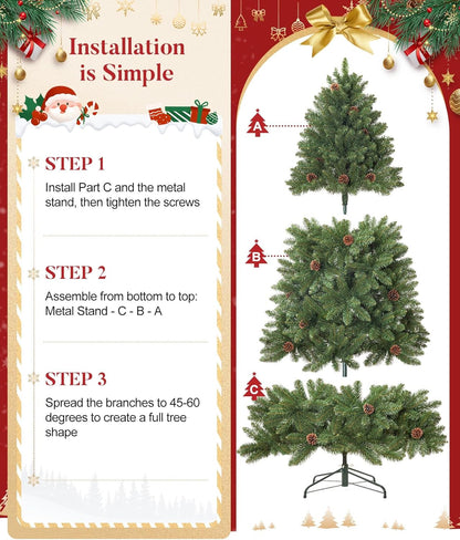 Decoway 5FT Artificial Christmas Tree: Unlit Green Xmas Pine with Pinecones and Metal Stand for Indoor - Holiday Decoration for Porch Living Room Easy Assembly