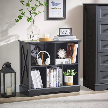 Farmhouse 5 Cube Bookshelf, Black Storage Organizer Bookcase, Kids Toy Storage Cabinet, Small Bookshelves Storage Organizer Shelf, Wood Display Cabinet Book Shelves for Bedroom,Living Room,Office