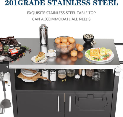 JY QAQA Outdoor Grill Cart with Storage,Patio Kitchen Island Outdoor Grill Table with Wheels,BBQ Cart Movable Pizza Oven Table Stand, Storage Cabinet, Foldable Tabletop, Black