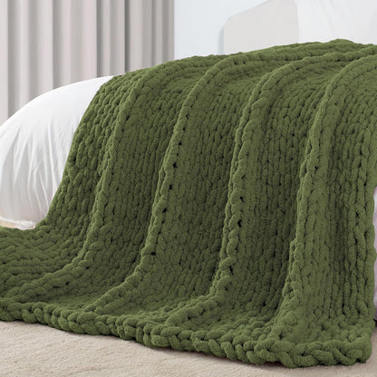 Carriediosa Chunky Knit Throw Blanket 50" X 60", 100% Hand Made Large Chenille Loop Yarn Soft Fluffy Throws for Couch Sofa Bed, Big Crochet Cozy Heavy Thick Cable Woven Blankets, Olive Green