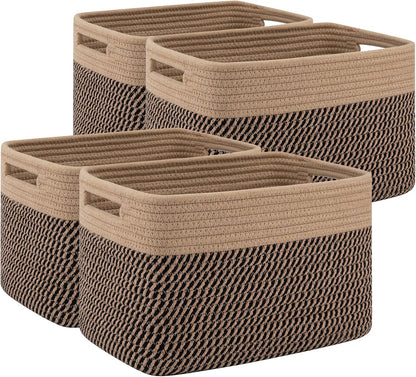 4 Pack Storage Baskets for Organizing, Woven Baskets for Shelves - Perfect for Toys, Books, Towels, and Clothes, Durable Gift Basket Bins Toy Storage, 13''L x9''W x7.8''H, Black and Brown