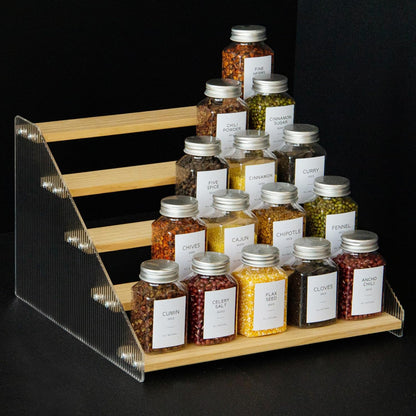 nianfeng Tiered Spice Rack, 5-Tier Spice Pantry Kitchen Cabinet Organizer, 12-Inch, Natural Wood Acrylic Stair Riser Stand, Countertop Seasoning Shelf