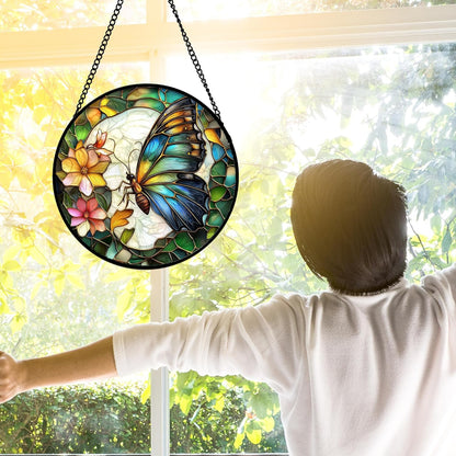 Stained Glass Window Hanging, Butterfly Flower Sun Catchers Diamond Glass Panel Hangings Insect Suncatcher Decor for Birthday for Women, Men, Wife, Aunt, and Mom 9.8 in