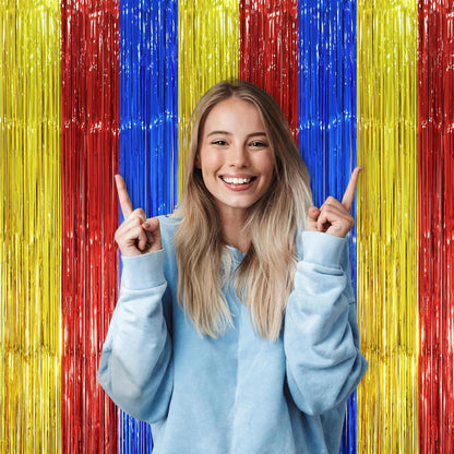 3 Pack 3.3 x 8.2 ft Blue Red Gold Foil Fringe Backdrop Curtains, Tinsel Streamers Party Decorations, Fringe Backdrop, Door Shimmer for Birthday Party