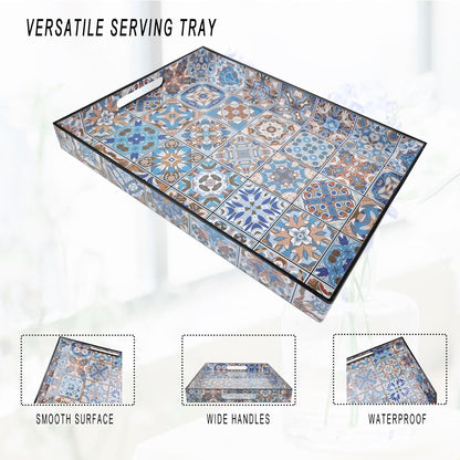 Spsyrine Serving Tray with Handles, Plastic Decorative Tray for Coffee Table, Living Room, Home Decor,Boho