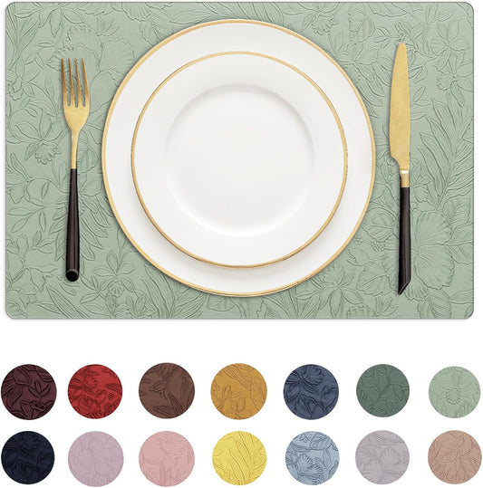 Romanstile Vinyl Placemats Set of 4-12 X 18 Inch - Heat Resistant Non-Slip Embossed Floral Place Mats 100% Waterproof Oilproof Wipeable Faux Leather Table Mats for Kitchen/Dining/Party, GrassGreen