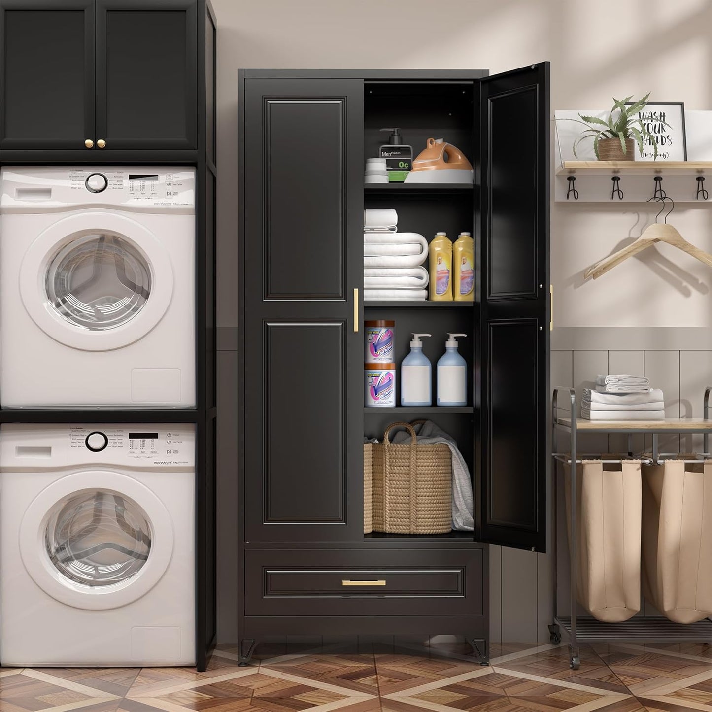 75" Kitchen Pantry Cabinet with Drawer, Metal Storage Cabinets with Doors and 4 Adjustable Shelves,Black Kitchen Cabinet with 2 Gold Handles,Food Cupboard for Livingroom,Pantry