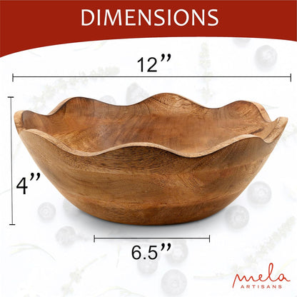 Mela Artisans Wooden Scalloped Bowl - Large | Ruffle Decorative Style | Rustic Kitchen Decor | Mango Wood | Natural Grain Finish | Fits Bread, Fruits, Salad or Popcorn | 12” x 4” x 11”