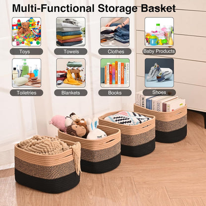 Storage Baskets for Shelves Organizing, Woven Cotton Rope Baskets for Storage, Book Basket, Towel Basket, 12.5"Lx9.1''Wx7.9''H (4 Packs) Gradient Black & Jute