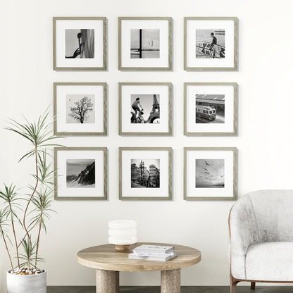Vittanly 12x12 Picture Frames Set of 9, Shatter Resistant Plexiglass, Display 8x8 Pictures with Mat or 12x12 without Mat, Photo Frames for Wall Mount, Engineered Wood, Driftwood