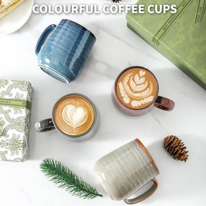 Hasense Coffee Mugs Set of 4, 12 Oz Stoneware Coffee Cups with Large Handle, Colorful Rustic Mug Set for Coffee, Tea, Coco, Latte, Dishwasher and Microwave Safe