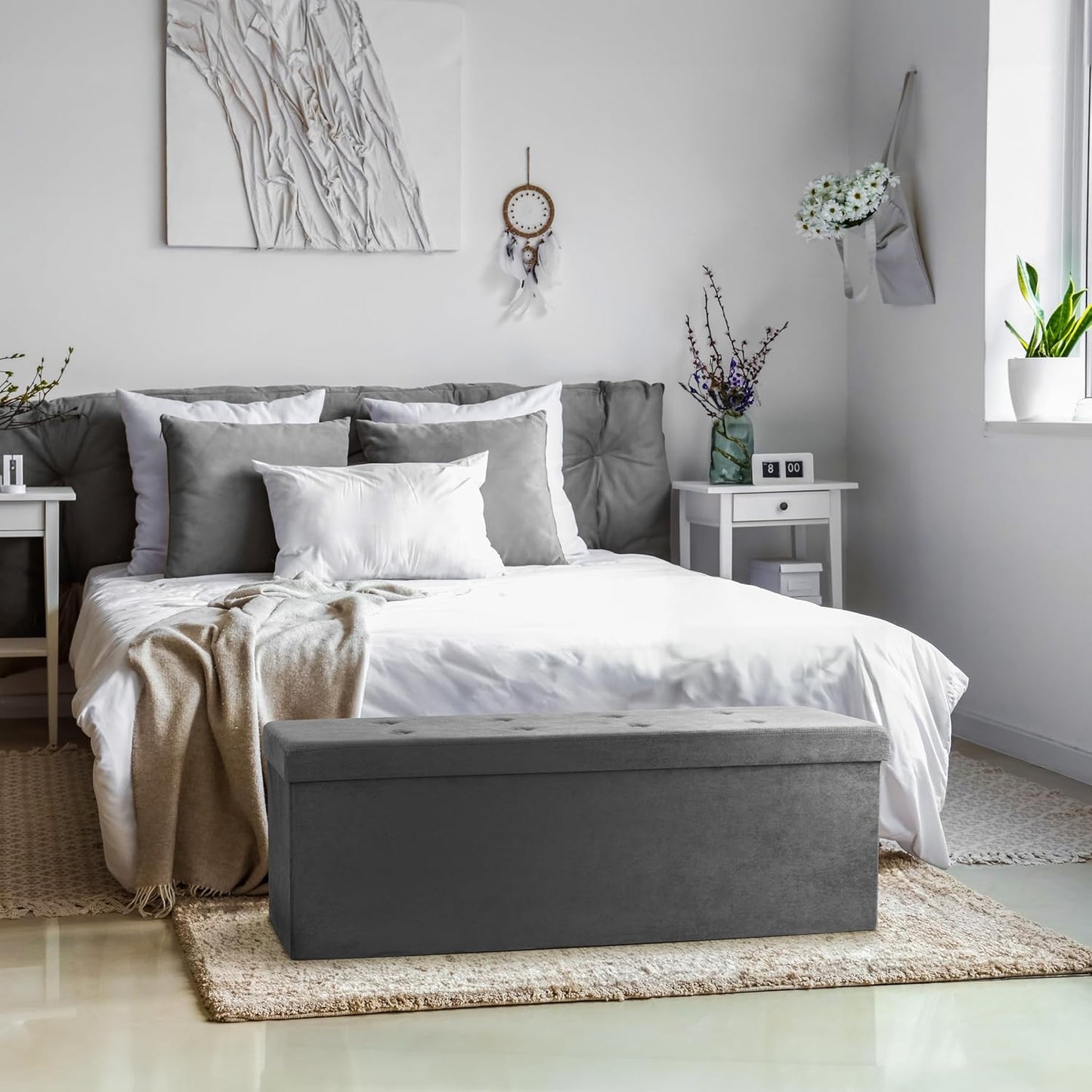 Sorbus Storage Ottoman Bench – Collapsible/Folding Bench Chest with Cover – Perfect Toy and Shoe Chest, Hope Chest, Pouffe Ottoman, Seat, Foot Rest, – Contemporary Faux Suede (Gray)