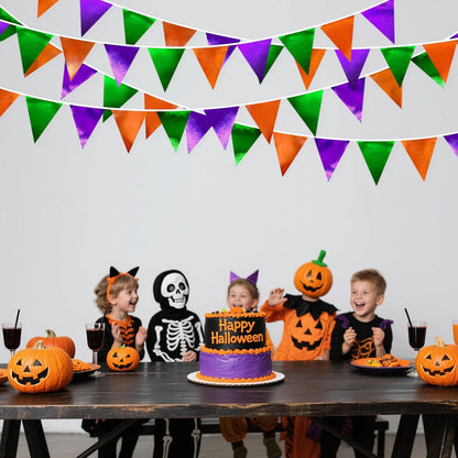 Halloween Party Decorations Metallic Fabric Green Orange Purple Triangle Pennant Banner Flag Bunting for Trick or Treat Spooky Hey Boo Happy Halloween Holiday Birthday Baby Shower Party Supplies
