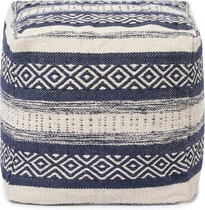 REDEARTH · Tufted Pouf Ottoman with Filler Textured Storage Cube Bean Bag Pouffe Footrest for Living Room, Bedroom, Nursery, Home Decor; 100% Cotton (17.5"X17.5"X17.5", Indigo Impressions)