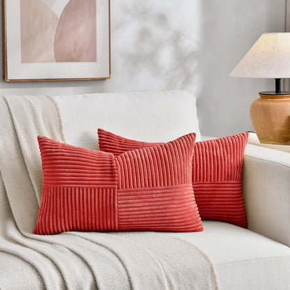 Fancy Homi 2 Packs Red Long Lumbar Decorative Throw Pillow Covers 12x24 Inch for Couch Bed Sofa, Holiday Christmas Home Decor Gift, Soft Striped Corduroy Rectangle Accent Cushion Case 30x60 cm