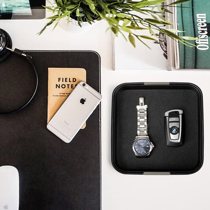 SANZIE Luxury Leather Desktop Storage Small Catchall Organizer Decorative Tray for Entryway Table to Hold Jewelry Watch Cosmetics Keys Phone Wallet, Home & Office Accessories (Metal Silvered, Black)
