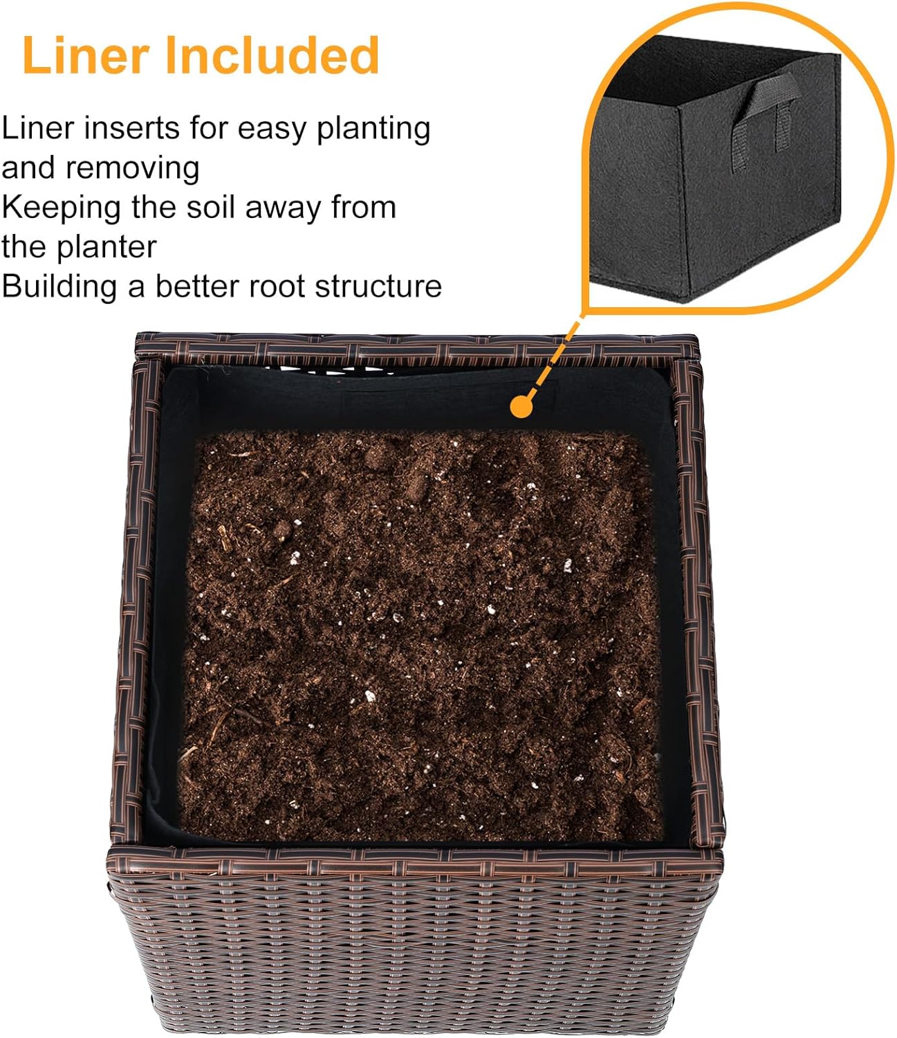 SUNNYPARK Set of 2 Large Square Planter with Removable Liner, All-Weather PE Rattan Modern Planters Indoor Outdoor Flower Plant Pots Garden Box Patio Yard Front Porch Deck