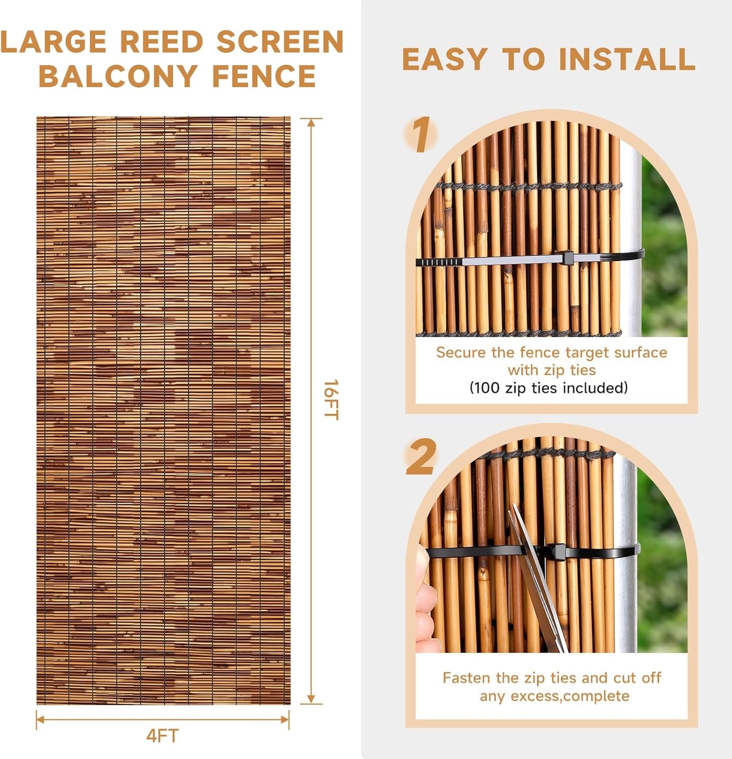 ZNCMRR Natural Reed Fencing Rolls,4FT X 16.4FT Reed Screen Curtain Balcony Reed Fence for Outdoor Backyard Patio（Brown）