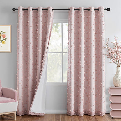MYSKY HOME 100% Blackout Curtains for Girls Bedroom 84 Inch Long Total Light Blocking Blush Pink Curtain for Living Room 2 Panels Room Darkening Grommet Window Drapes with Pom Pom Sheer 52W x 84L
