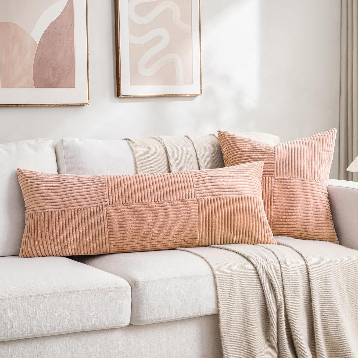 Fancy Homi 2 Packs Peach Decorative Throw Pillow Covers 22x22 Inch for Living Room Couch Bed Sofa, Rustic Farmhouse Boho Home Decor, Soft Corss Corduroy Patchwork Accent Square Cushion Case 55x55 cm