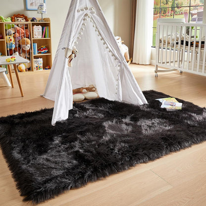 AMTOVO Faux Fur Sheepskin Rug for Living Room, 4 x 6 ft Black Fluffy Area Rug for Bedroom, Playroom, Luxury Room Decor, Rectangle