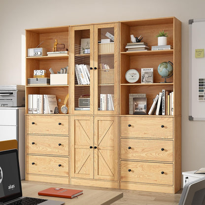 71" Tall Bookshelves Set of 3, 2 Bookcases with Drawers & 1 Bookshelf with Doors, Wooden Bookshelves Floor Standing Display Storage Shelves Home Decor Furniture for Home Office, Living Room