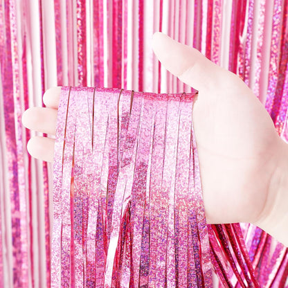 3 Pack 3.3x8.2 Feet Laser Pink Foil Fringe Backdrop Curtains, Tinsel Streamers Birthday Party Decorations, Fringe Backdrop for Graduation, Baby Shower, Gender Reveal, Disco Party