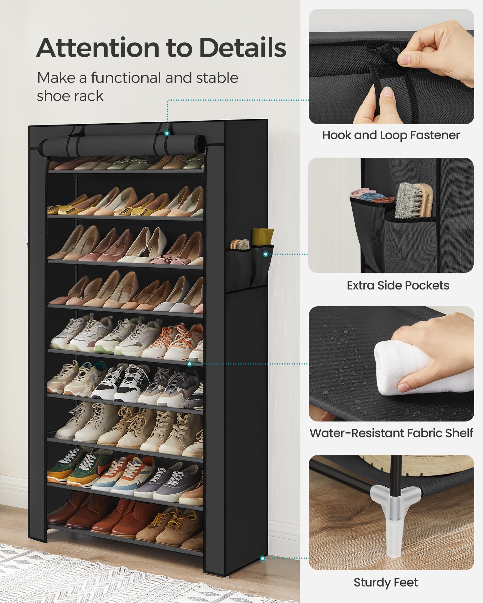 SONGMICS 10-Tier Shoe Rack, Shoe Storage Cabinet with Dustproof Cover, Free-Standing Shoe Storage