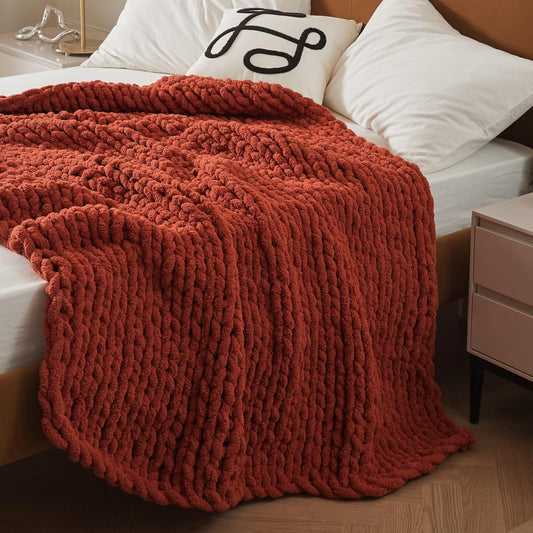 WESHIONGOO Chunky Knit Blanket Throw Knitted Throw Blankets for Couch Bed Fluffy Soft Blanket with Jumbo Chenille Yarn Thick 100% Handmade(Rust, 50"×60")