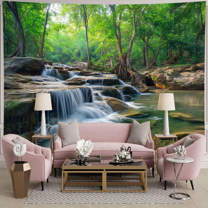 BSFHH Nature Tapestry Forest Tree Sea Cave Wall Hanging, Stream Through Rainforest Landscape Wall Art Tapestry for Bedroom Living room (Creek, 90"×70", Unframed)