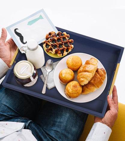 Coffee Table Tray - Large Ottoman Tray for Living Room - Wood Serving Tray with Handles(2 Sets) - Wooden Trays for Coffee Tables, 4 Round Coasters Included, Deep Blue