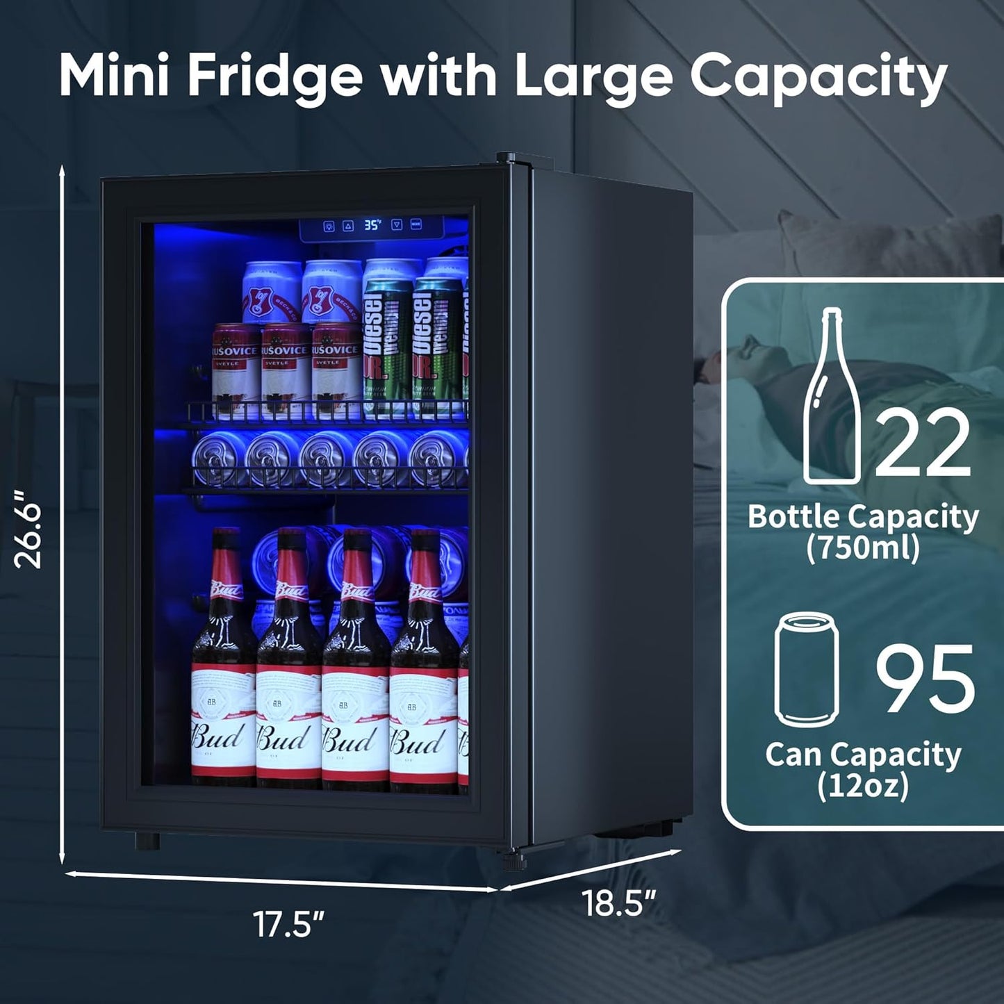 2.5 Cu.Ft Wine Fridge, Mini Fridge With Glass Door, Wine Cooler Refrigerator, Beverage Drink Beer Cooler, Adjustable Shelves & Digital Temperature Display, 22 Bottle 95 Can