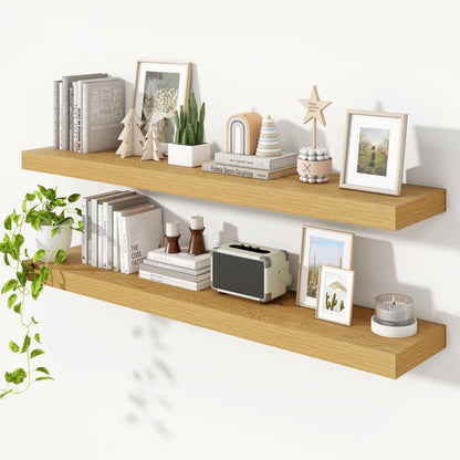 Heimlove 55 Inch Floating Shelves for Wall,10 Deep Large Rustic Wall Shelf with Heavy Duty Brackets,Mounted Storage & Display Shelves for Bedroom,Living Room,Kitchen,Office,Set of 2,Oak Color
