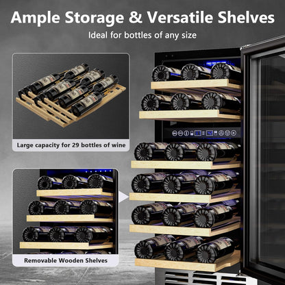15 Inch Dual Zone Wine Refrigerator, 29 Bottle Under Counter Wine Fridge, Wine Refrigerator for Built-In or Freestanding, Wine Cooler with Removable Shelves, Double-Layer Glass Door, for Home
