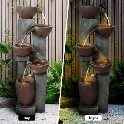 Naturefalls 39” H Modern Outdoor Fountain - 5 Crocks Outdoor Garden Fountains with Contemporary Design&LED Light for Garden, Patio, Deck, Porch, Backyard and Home Art Decor