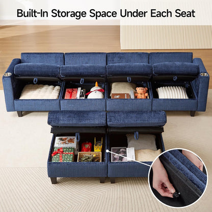 110" Modular Sectional Sofa, Convertible Sleeper Sofa Couch Bed with Adjustable Backrest, U-Shaped Chenille Cloud Couch with Ottoman Storage, Deep Seat Couches for Living Room,Blue