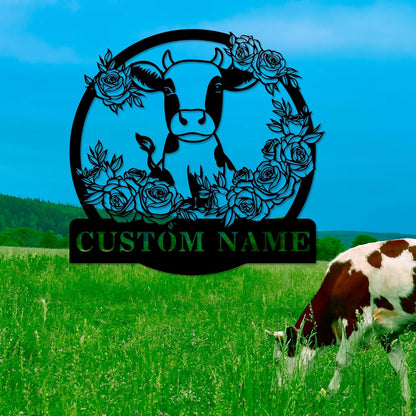 Custom Cow Metal Sign, Personalized Family Name Wall Art, Farm Customized Decor Gifts for Housewarming, Flower Plaque for Farmhouse Bedroom Outside Garden Yard Ranch