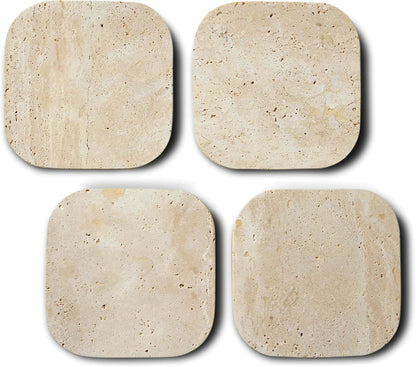 Luxury Turkish Travertine Coasters - Set of 4 - Square Marble Bar Coasters for Drinks, Coffee - Stone Holder for Home Décor, Housewarming Gifts (Beige Travertine)