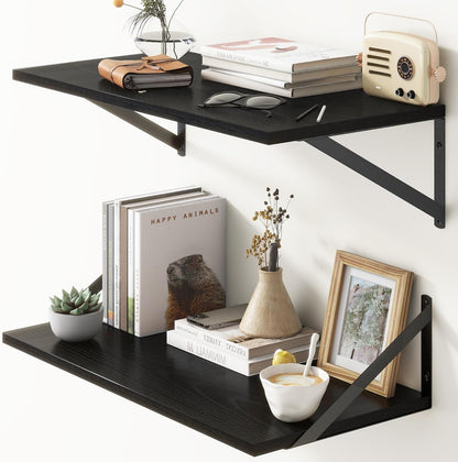 Deep Floating Shelves, 12 Inch Deep Floating Shelves for Wall, 24"W x 12"D Wall Shelves for Books, Rustic Black Wooden Shelves, Large Wide Display Shelf for Bathroom, Living Room, Bedroom, Set of 2