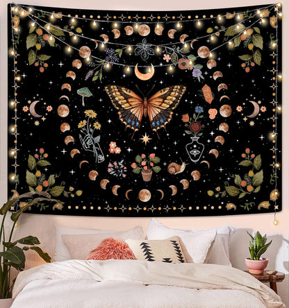 Aipon Yellow Butterfly Moon Flower Tapestry Botanical Floral Plant Boho Tapestry for Bedroom Aesthetic Vintage Tapestries Wall Hanging for Living Room Dorm (60.00'' × 80.00'', Yellow)