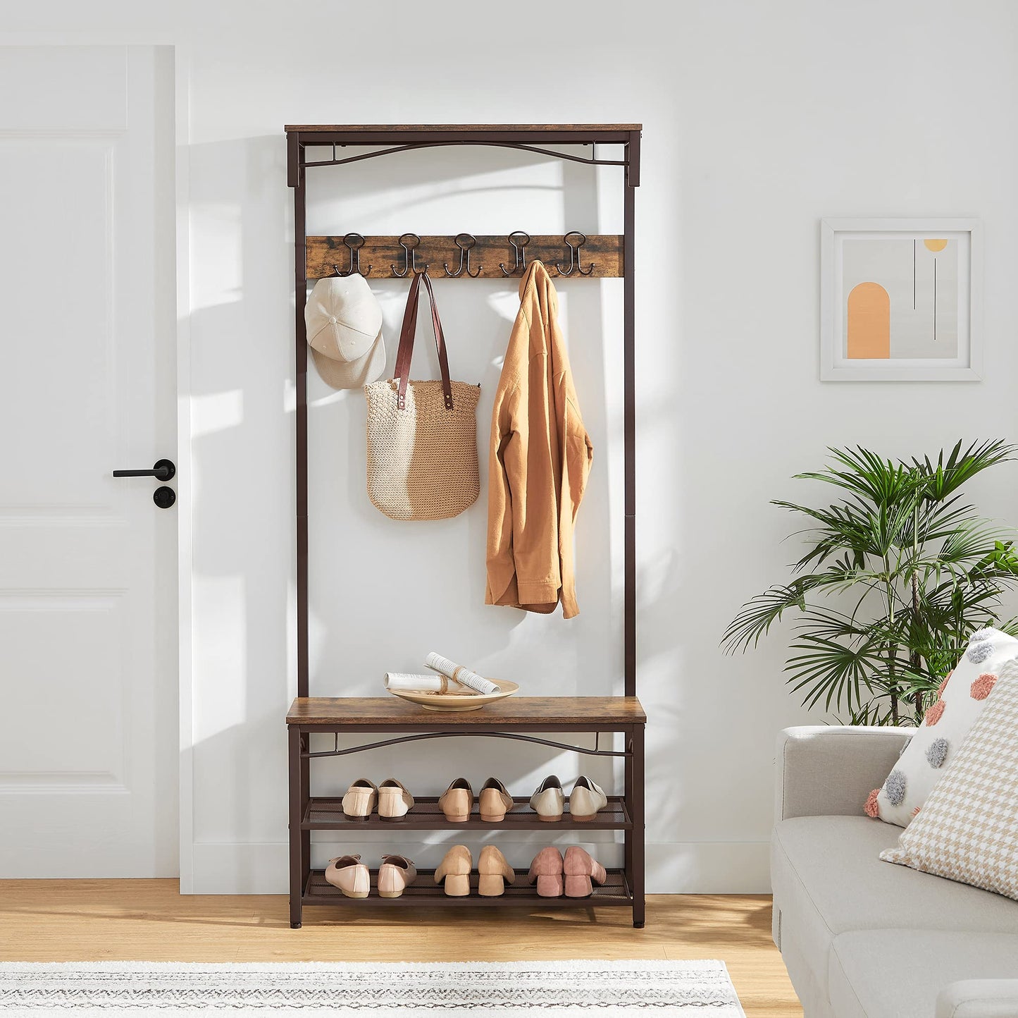 VASAGLE Coat Rack, 3-in-1 Hall Tree, Entryway Shoe Bench Coat Stand, Storage Shelves Accent