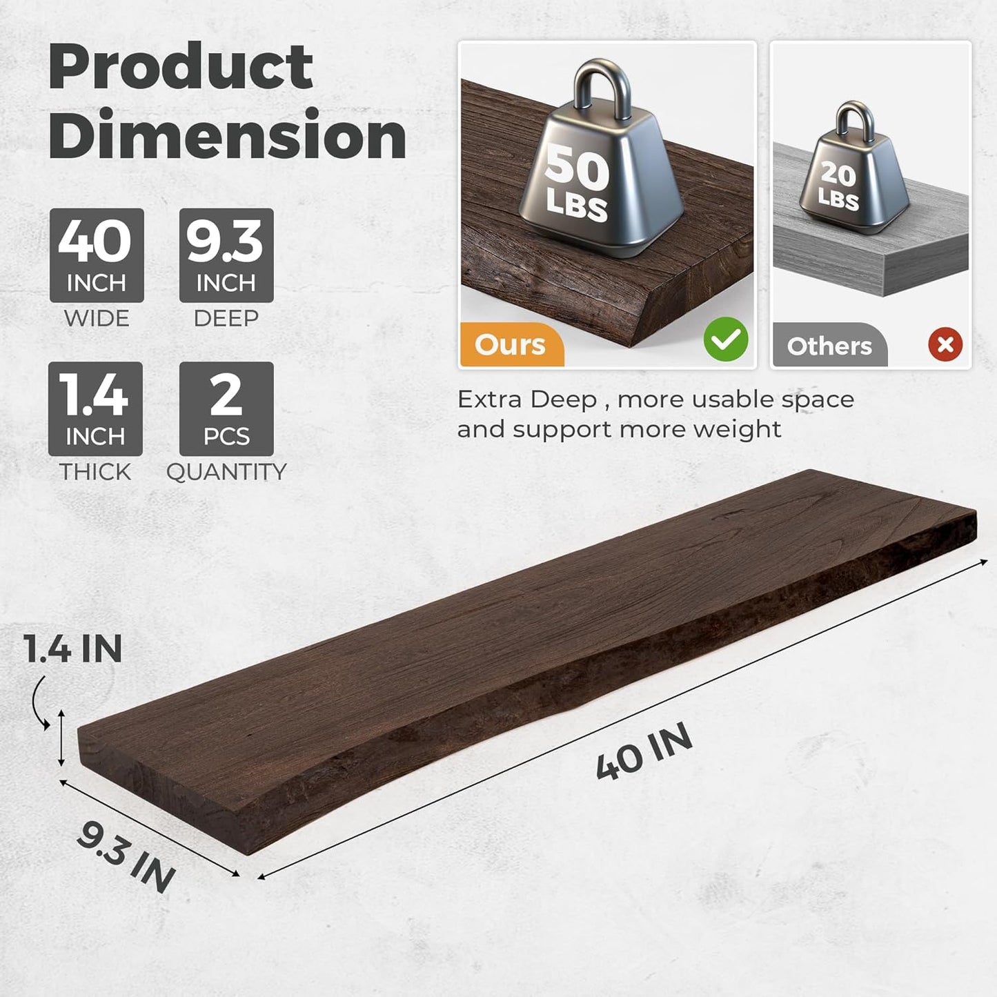 RICHFOCUS Live Edge Elm Floating Shelves - 40" W x 9.3" D Rustic Solid Wood Wall Shelves with Invisible Bracket, Wall-Mounted for Living Room, Bedroom, Kitchen Storage & Display, Set of 2, Walnut