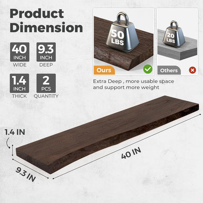RICHFOCUS Live Edge Elm Floating Shelves - 40" W x 9.3" D Rustic Solid Wood Wall Shelves with Invisible Bracket, Wall-Mounted for Living Room, Bedroom, Kitchen Storage & Display, Set of 2, Walnut