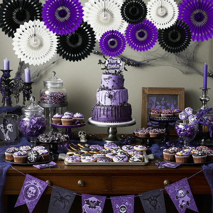 BEISHIDA Black Purple White Hanging Honeycomb Round Paper Fans Decoration Set for New Year Baby Shower Halloween Birthday Wedding Photo Booth Backdrops Anniversary Paper Party Supplies 11packs