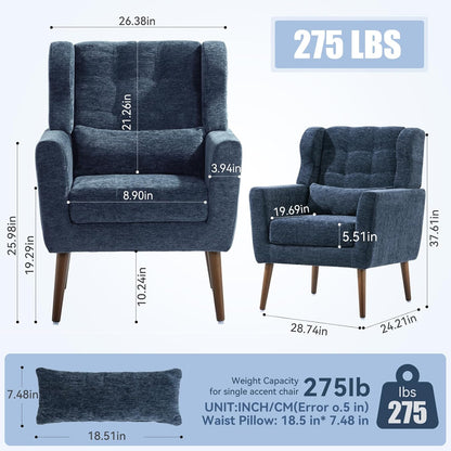 Modern Accent Chair, Upholstered Armchair with Pillow, Fabric Single Sofa Chair with Lounge Seat and Wood Legs Accent Chair for Living Room Bedroom Small Spaces (Dark Blue)