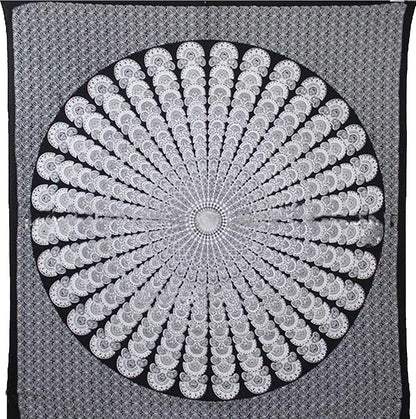 Bless International Handmade Indian hippie Bohemian Psychedelic Peacock Mandala Wall hanging College Dorm Beach Throws Table Cloth Bedding Tapestry (Black White, Medium(54x60Inches)(137x152cms))